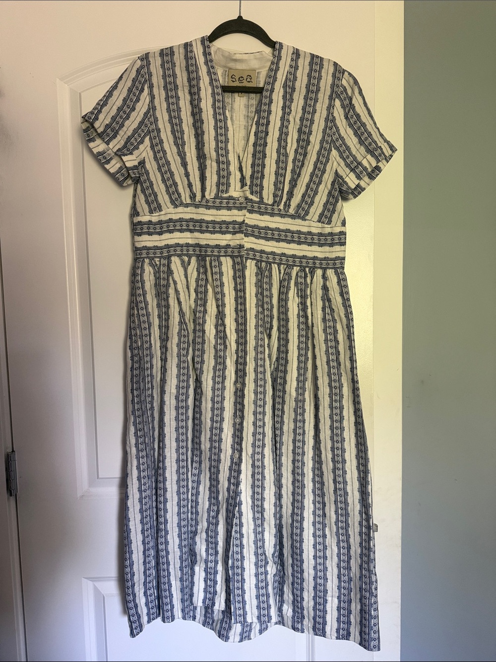 Sea White and Blue Floral Stripe V-Neck Linen Midi Dress